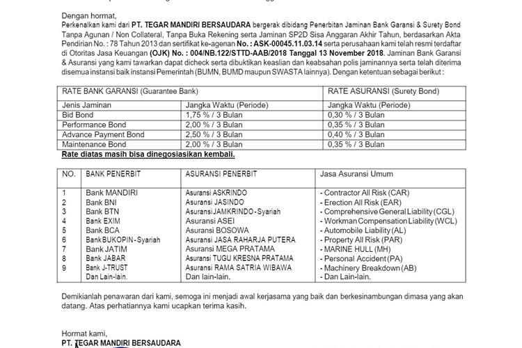 Penawaran Penerbitan Bank Garansi dan Asuransi (Non Collateral)